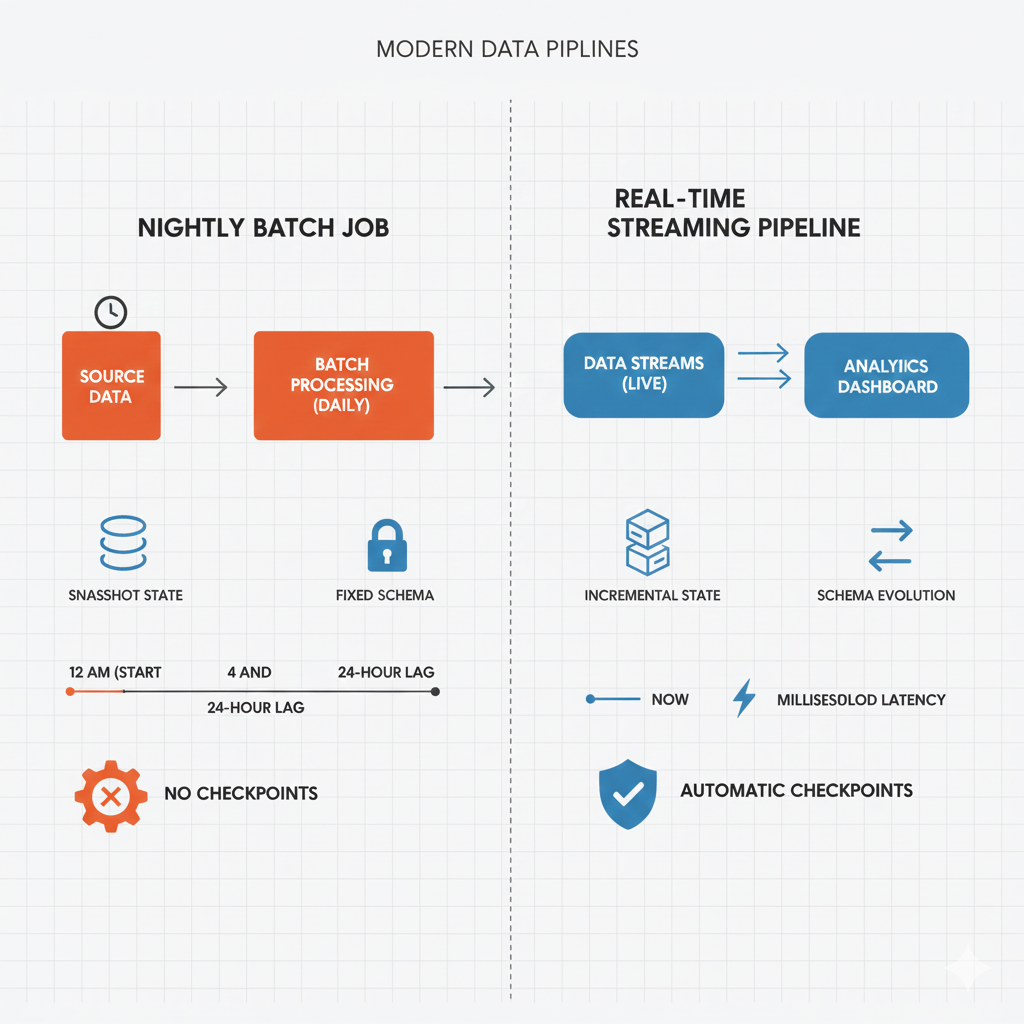 Diagram comparing a nightly batch job and a real-time streaming pipeline, including state, schema, latency, and checkpoint differences.