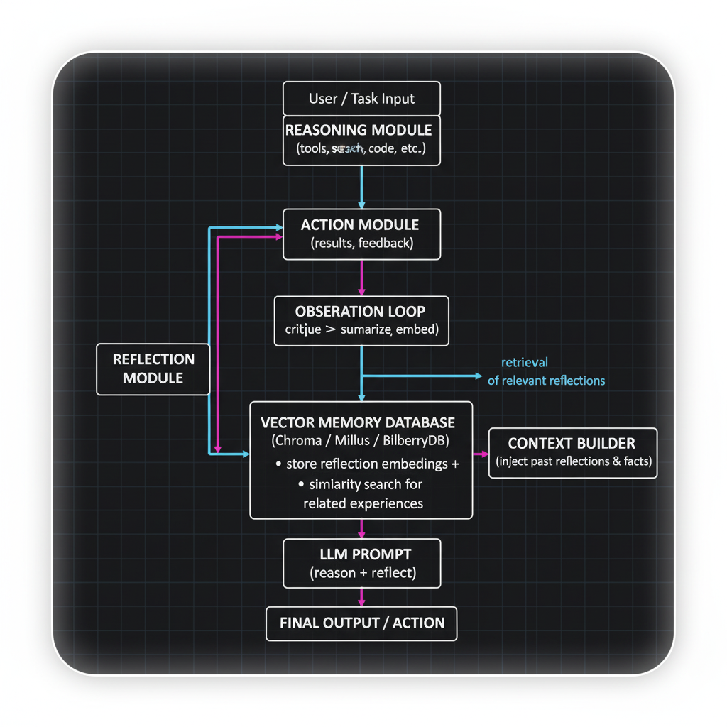 Agent memory flow: reflection module, vector memory database, and context builder feeding the LLM prompt.