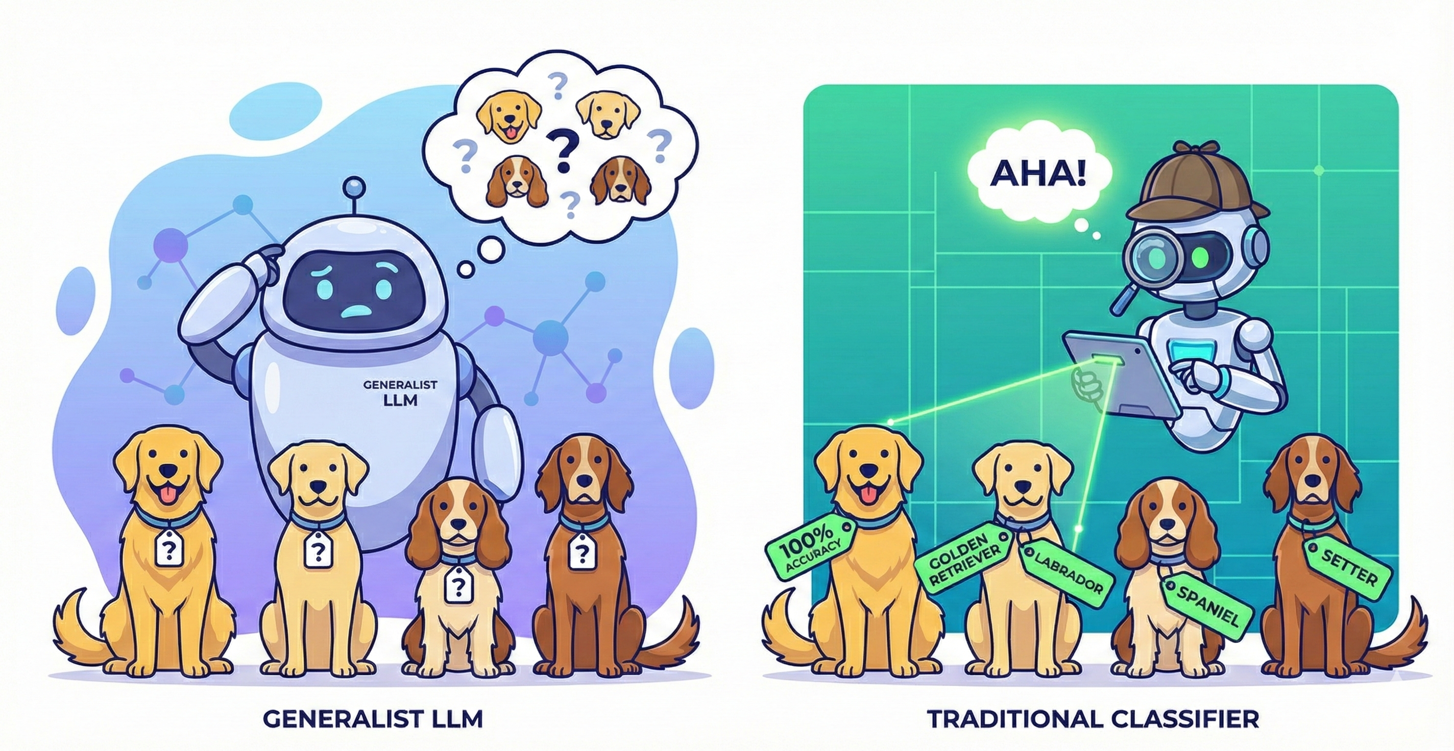 A generalist robot looking confused at a lineup of dogs vs a specialized detective robot identifying them correctly